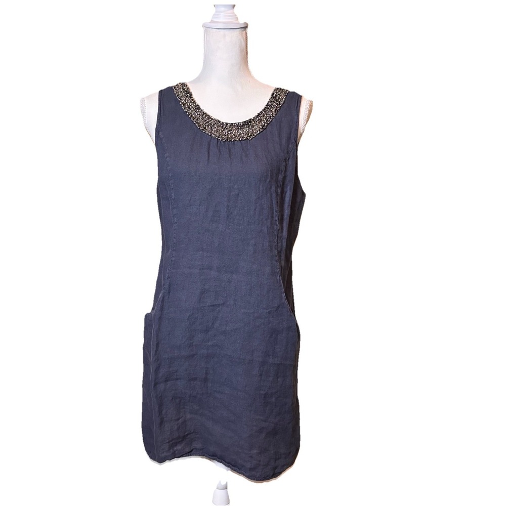 Lina Tomei Italy Linen Sleeveless Dress Beaded Neck Gray Shift Pockets‎ Women L